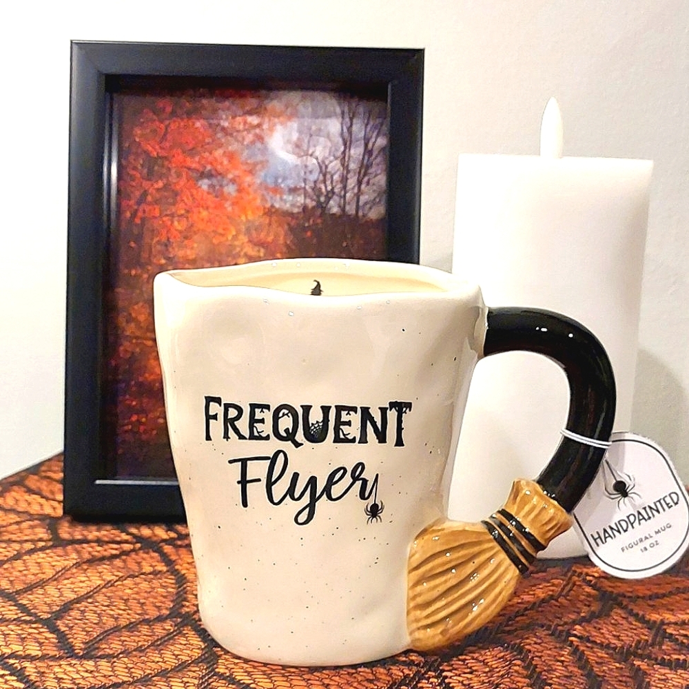 Black & Off-White "Frequent Flyer" Witchy Broom Handle Glossy Finish Mug NWT